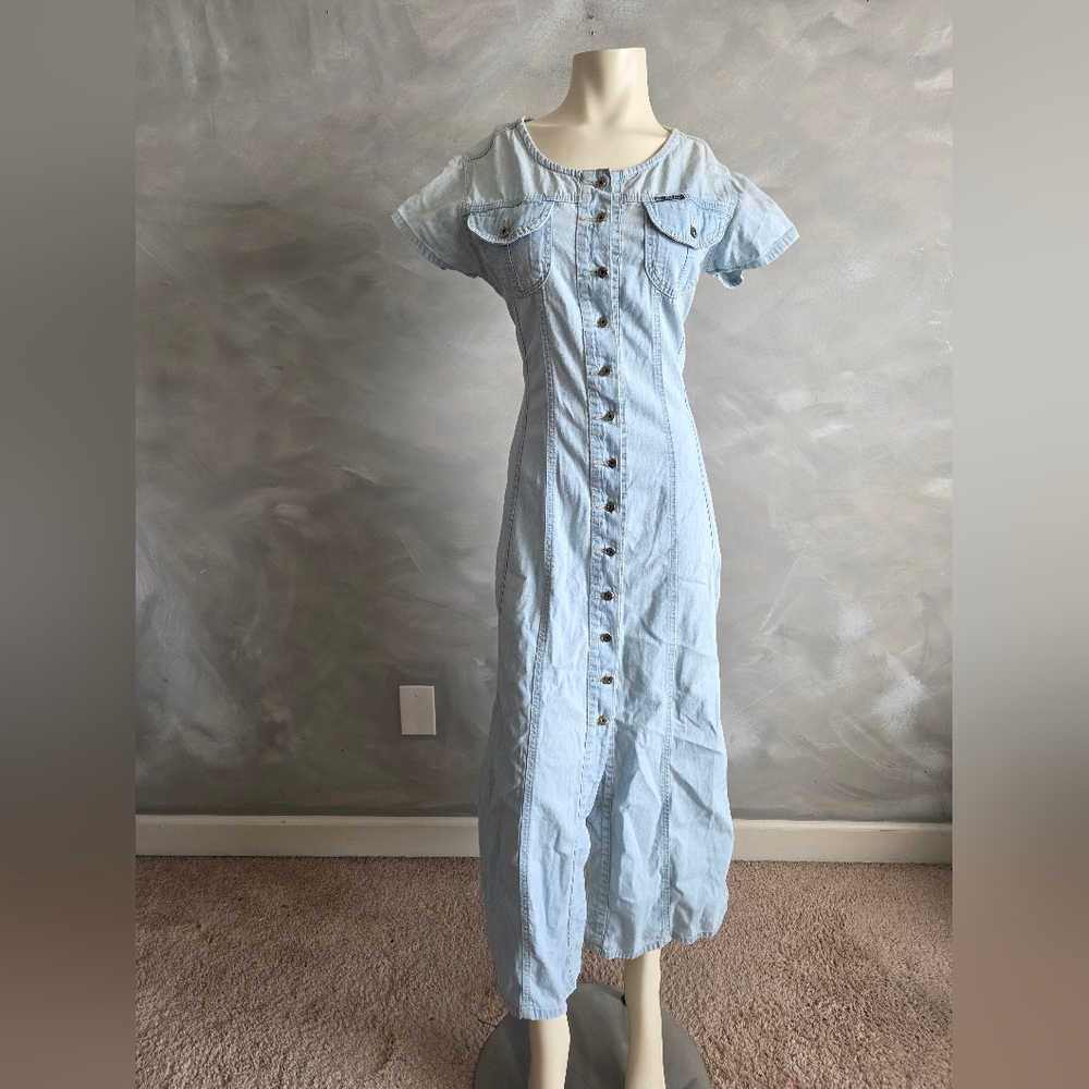 Vtg Womens L Long Denim Jean Shirtdress Button Up Short Sleeve Sz L Omani